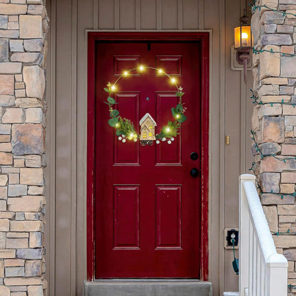 Light Up Christmas Wreath for Front Door - 2 Pcs 12 Inches LED Prelit Christmas Hoop Wreath with Lighted House for Xmas Holiday Winter Decor Modern Mantel Decoration