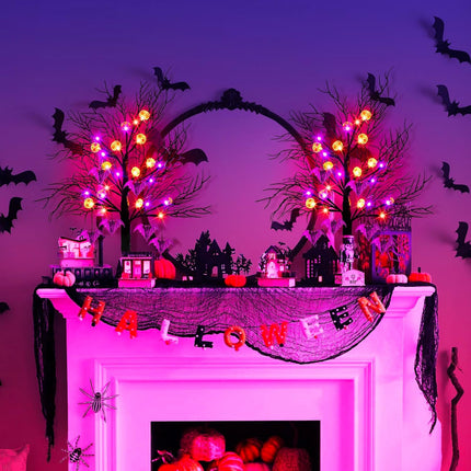 2 Pack 24 Inch Black Halloween Tree Lights, 24 LED Light Up Spooky Tree with Orange & Purple Pumpkin Bat Lights Battery Operated Tabletop Halloween Tree with Timer for Halloween Decorations