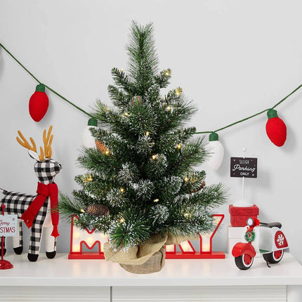 Pre-lit Artificial Mini Christmas Tree, 2ft Snow Tipped Pine Artificial Christmas Tree, Includes 30 Led Warm Lights, Seasonal Indoor Home Decor with Decorative Burlap Base