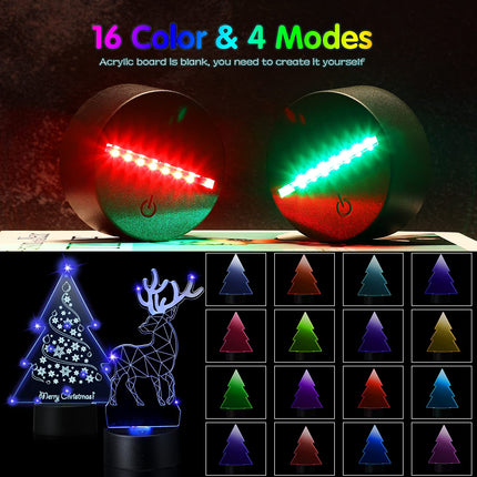 4 Pieces 3D Night Light LED Lamp Base with 4 Pieces Clear Acrylic Sheets 4 Pieces Remote Controls and 4 Pieces Charging Cables Adjustable 16 Colors 4 Modes for Child Room Bar (Christmas Tree Style)