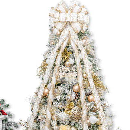 Christmas Tree Topper Bow，53x15 Inches Large Christmas Bow with Glitter Streamer and Patterned Ribbon，Decorative Bows for Xmas Tree Wreath Door Festival Home Decor(White Gold)