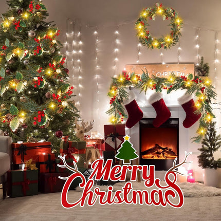 Ceenna 2 Pcs Prelit Christmas Garland with Globe Lights, 12 ft 20 Led Lighted Pine Cone Holly Berry Garland Battery Operated with 8 Modes Timer Remote for Home Fireplace Holiday Decorations (Red)