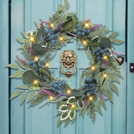 Artgar Eucalyptus Wreath, 18" Front Door Eucalyptus Wreath, Four Season Wreath, Lavender Green Wreath with 20 LED Lights for Front Door, Windows, Walls, Farmhouse, Home Year Round Decoration