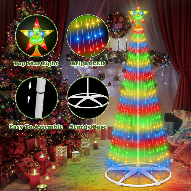 Outdoor Solar Christmas Cone Tree Lights, 7.5ft 312LED Christmas Tree Light Show with 8 Modes Timer Remote, Lighted Artificial Tree USB Charge for Xmas Yard Porch Patio Party Holiday Decor, Multicolor