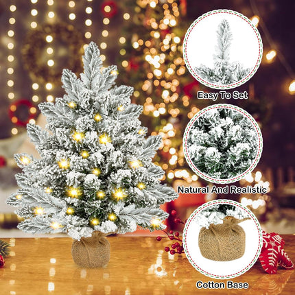 Small Christmas Tree, 20 inch Artificial Mini Christmas Tree with Lights, Snow Flocked Xmas Tree with Burlap Base, Table Top Desktop Christmas Tree for Home Office Christmas Holiday Decorations,Silver