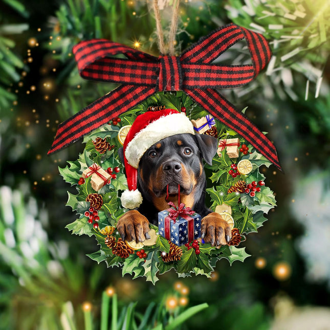 Talataca Rottweiler 2D Flat Wooden Christmas Ornament, Rottweiler Dog Wearing A Christmas Hat Wreath Pine Tree Decor, Hanging House Charm Eve Keepsake, Wood Car Mirror Accessories, Xmas
