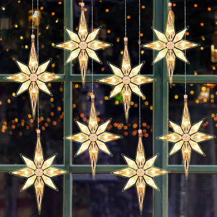 Mudder 8 Pieces 10.8 Inch Christmas Window Star Lights Plastic Lighted Star Tree Topper Decoration Large Hanging Stars Christmas Window Lights LED Star Window Silhouette Decoration (Warm White)