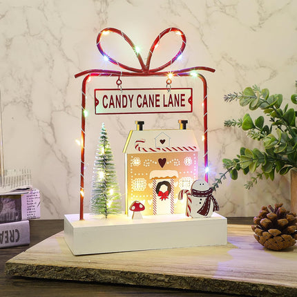 Lulu Home Christmas Tabletop Decoration, Wooden Pre-lit Xmas Candy Cane Lane Ornament with Metal Frame, Battery Operated LED Light Up Holiday Sign for Indoor Mantel Shelf Decor