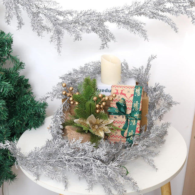 2Pcs Christmas Glitter Pine Garlands 5.9FT Artificial Hanging Silver Pine Needles Vines Fake Cedar Cypress Garland for Christmas Year Holiday Wedding Winter Home Wall Indoor Outdoor Decor(Silver)