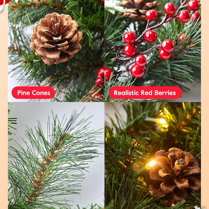 24 Inch Pre-Lit Artificial Christmas Wreath, Battery Operated LED Christmas Wreath with Pine Needles Branches Hari Leaves Red Berry Pine Cones Lighted Wreath for Front Door Wall Windows X-mas Ornament