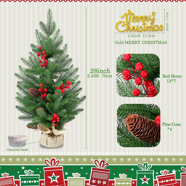 28 Inch Tabletop Christmas Tree, 2.33 Ft Artificial Small Little Real Natural Touch Pine Tree with Red Berries Pine Cones Merry Christmas for Indoor Table Desk Home Bedroom Christmas Decorations