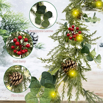 6FT Pre-lit Christmas Garland with 20 LED Lights,Battery Powered Christmas Lights with Pine Cones, Red Berries, Eucalyptus Leaves,Lighted Christmas Garland for Mantle,Stairs,Holiday Decor
