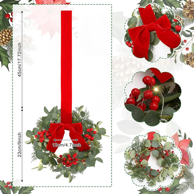 Syhood 2 Pcs 9" Mini Christmas Wreath with Light Red Berry Kitchen Cabinet Wreaths Mini Farmhouse Wreath with Red Velvet Bow for Christmas Porch Wall Window Decor