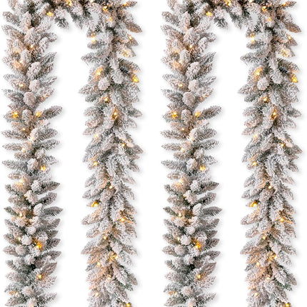 Glitzhome 2PCS Pre-Lit Snow Flocked Christmas Garlands with Warm White LED Lights and Timer for Home Fireplace Office Windows Front Door Wall Christmas Tree - 9 ft