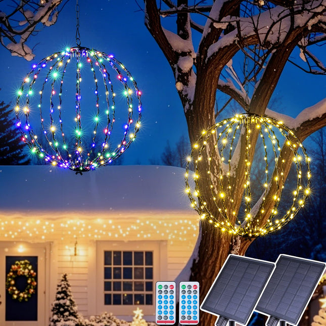 176 LED 13” Outdoor Christmas Light Balls, Solar Hanging Lighted Sphere Balls Lights, Prelit Fold Large Rechargeable Waterproof, Globe Light Ball for Outside Indoor Tree Eave Garden Decorations -2pack