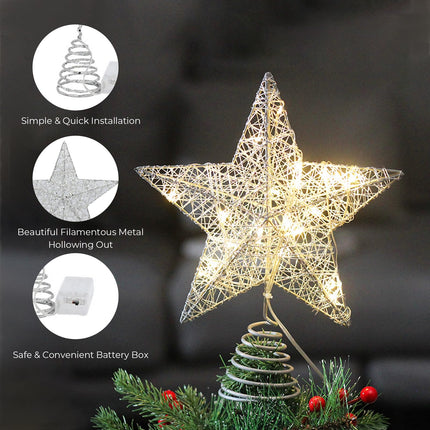 Christmas Tree Toppers with Lights, Glitter Christmas Tree Star for Christmas Home Decorations (Silver, 10inch)