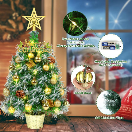 Small Prelit Christmas Tree, 20" Tabletop Mini Xmas Trees, Snow Flocked Battery Operated Tiny Artificial Trees with Lights, Balls Ornaments, Lighted Xmas Decorations for Table Centerpiece