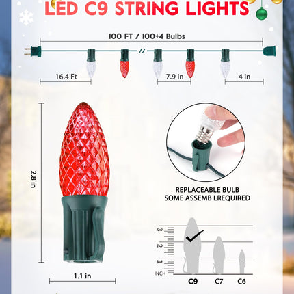 100 Feet Commercia Led Outdoor Christmas Lights, Waterproof C9 Christmas String Lights with 100 C9 Strawberry Bulbs Connectable UL for Roofline Patio Holiday Party Backyard Xmas Decor