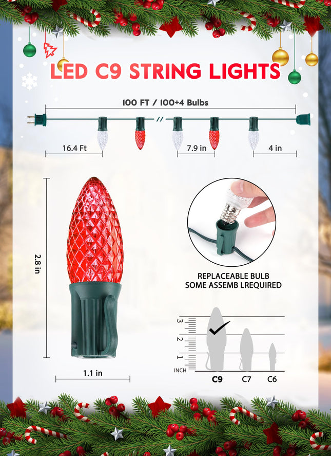 100 Feet Commercia Led Outdoor Christmas Lights, Waterproof C9 Christmas String Lights with 100 C9 Strawberry Bulbs Connectable UL for Roofline Patio Holiday Party Backyard Xmas Decor