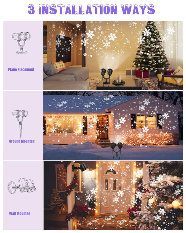 Christmas Projector Light, Double Head Snowflake Projection Lights Indoor, IP65 Waterproof Outdoor LED Snowfall Lights Decorations for Xmas, Party, Wedding, Holiday Decor