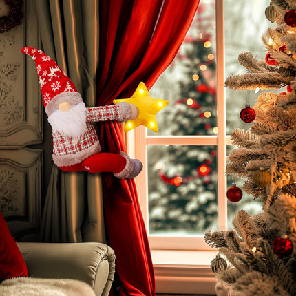 Christmas Tree Topper Gnome Decorations with Lights, 21.7 Inches Handmade Embrace Christmas Tree Gnome with Lighted Star, Christmas Home Decor Curtain Tie Wine Bottle Decoration