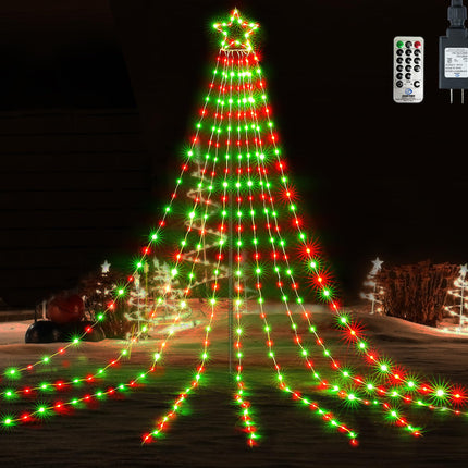 BlcTec Outdoor Christmas Decorations, 352 LED Christmas Star Lights with 9 Strands 11.7ft Waterfall Christmas Tree Lights, 8 Modes, Waterproof, Timer for Yard Patio Xmas Décor, Flowing Red and Green