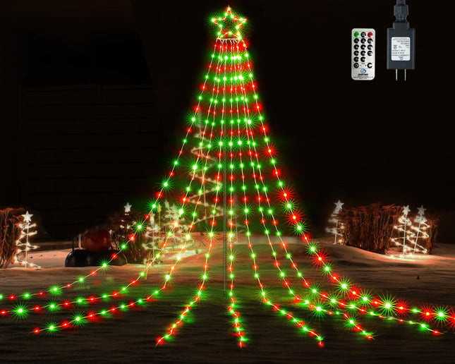 BlcTec Outdoor Christmas Decorations, 352 LED Christmas Star Lights with 9 Strands 11.7ft Waterfall Christmas Tree Lights, 8 Modes, Waterproof, Timer for Yard Patio Xmas Décor, Flowing Red and Green