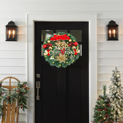 12inch Christmas Wreath with LED Light String, Luminous Wall Mount Door Wreath, Celebrating Holiday Merry Christmas Decoration for Outdoor Indoor Party Table Room