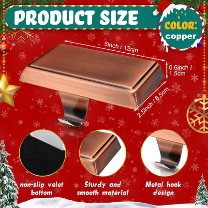 Yexiya 12 Pcs Christmas Stocking Hangers for Stairs Mantel Metal Garland Holders Weighted Fireplace Hanger Xmas Stocking Hanging Hooks DIY Blank Stocking Holders Bases for Holiday Counter (Copper)