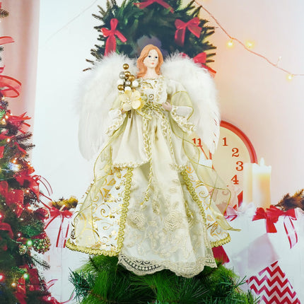 Slideep Christmas Angel Tree Topper with Luxury Gold Dress Ruffle Christmas Treetop for Xmas Holiday Ornament 15.7 Inch