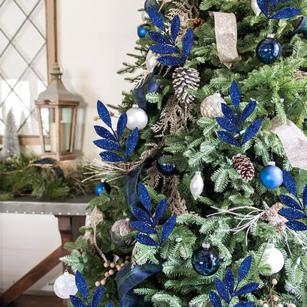 DILATATA 20 Pcs Christmas Glitter Bay Leaves 11" Blue Artificial Glitter Leaf Spray Christmas Tree Picks for Xmas Wreath DIY Garland Home Decor - Blue