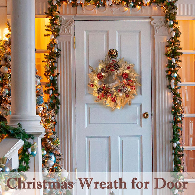 Christmas Wreath Front Door with Lights Indoor - Walasis Flocked Xmas Wreaths Door Decor 20inch White Winter Wreath Christmas Deer Wall Decoration