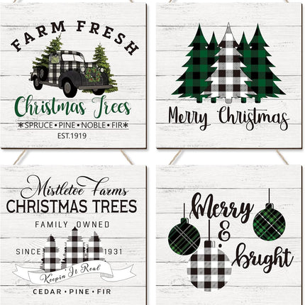 Gerrii 4 Pieces Christmas Wall Hanging Decor Merry Christmas Sign Christmas Trees Buffalo Plaid Truck Decor Wooden Farmhouse Hanging Plaque Xmas Wreath for Home Front Door Holiday Decor (Plaid Style)