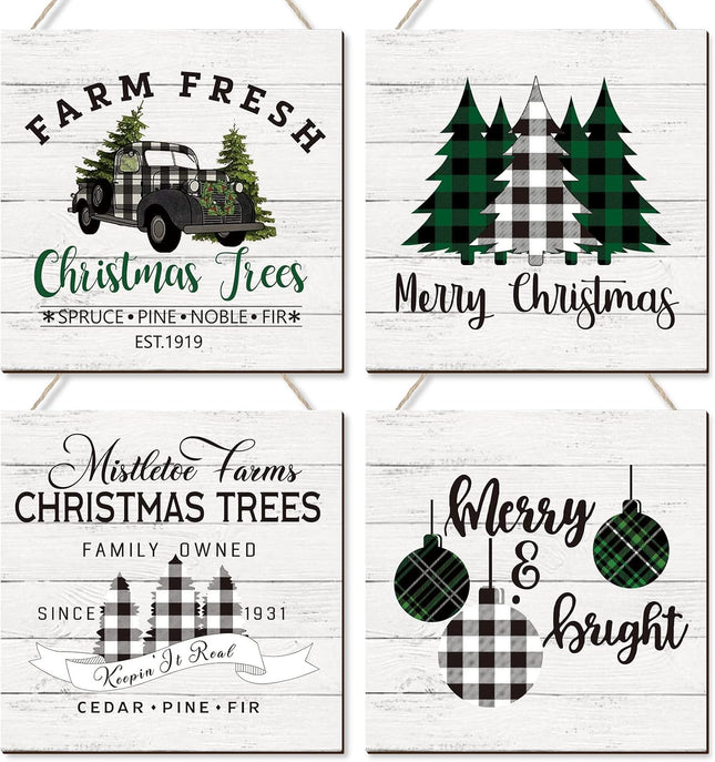 Gerrii 4 Pieces Christmas Wall Hanging Decor Merry Christmas Sign Christmas Trees Buffalo Plaid Truck Decor Wooden Farmhouse Hanging Plaque Xmas Wreath for Home Front Door Holiday Decor (Plaid Style)