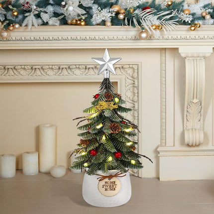 Tabletop Christmas Tree, Small Artificial Christmas Mini Tree Christmas Decorations Indoor with Holiday Ornaments Red Berry Pine Cone Greenery for Home Office Table Xmas Christmas Decor (White)