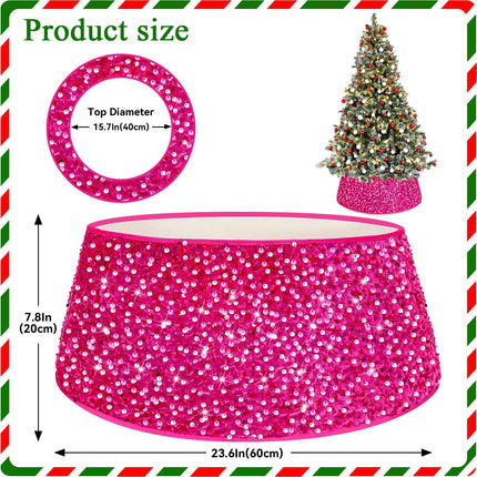 Christmas Tree Collar Hot Pink 23.6 Inches Tree Ring Glitter Christmas Tree Skirt for Winter Holiday Velvet Sequin Xmas Tree Base Collar Rustic Santa Christmas Day Tree Decorations