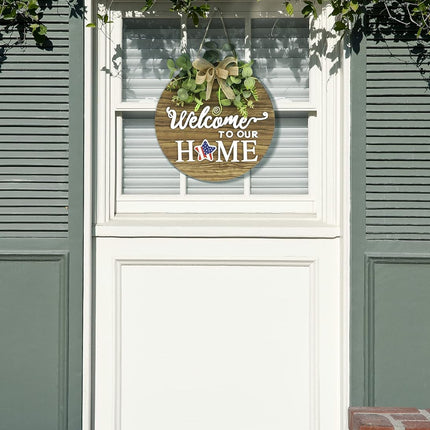 Interchangeable Seasonal Welcome Sign Front Door Decoration, Rustic Round Wood Wreaths Wall Hanging Outdoor, Farmhouse, Porch, for Spring Summer Fall All Seasons Holiday Halloween Christmas.