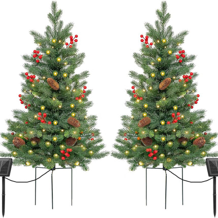 2 Set 30Inch Outdoor Christmas Tree, Pre-Lit 50LED Solar Power Christmas Porch Decorations Outdoor Tree, Hundreds Branch Tips Lush, Pine Cones, Red Berries and Red Ball (Classic Green)
