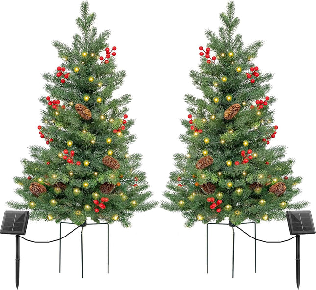 2 Set 30Inch Outdoor Christmas Tree, Pre-Lit 50LED Solar Power Christmas Porch Decorations Outdoor Tree, Hundreds Branch Tips Lush, Pine Cones, Red Berries and Red Ball (Classic Green)