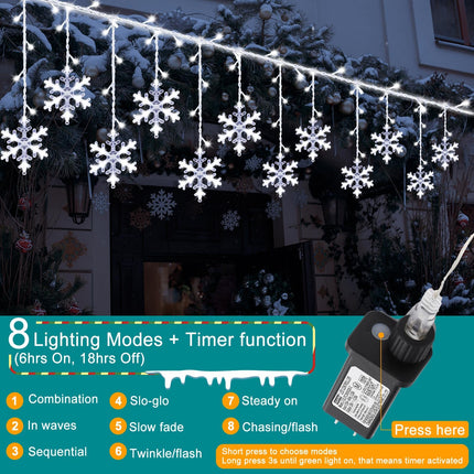 2 Pcs Christmas Snowflake Lights Outdoor, 57.4ft 864 LED Snowflake Light with 72 Drops, 8 Mode and Timer Waterproof Connectable Snowflake String Light for Window Eave Yard, Each 28.7ft 432 LED