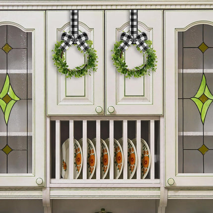 2 Pieces Faux Kitchen Christmas Cabinet Wreaths Boxwood Wreaths with Ribbon Buffalo Plaid Kitchen Decor Hanging Wreaths Small Farmhouse Wreaths Artificial Greenery Wreaths for Kitchen Cabinet Doors