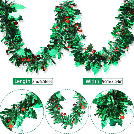 Christmas Tinsel Garland Decorations Green Metallic Garland with Red Berries Leaves Christmas Tree Tinsel Garland Green Metallic Garland for Christmas Tree Ceiling Hanging Decoration(6 Pcs,39 Feet)