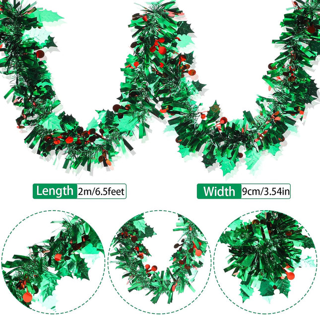 Christmas Tinsel Garland Decorations Green Metallic Garland with Red Berries Leaves Christmas Tree Tinsel Garland Green Metallic Garland for Christmas Tree Ceiling Hanging Decoration(6 Pcs,39 Feet)
