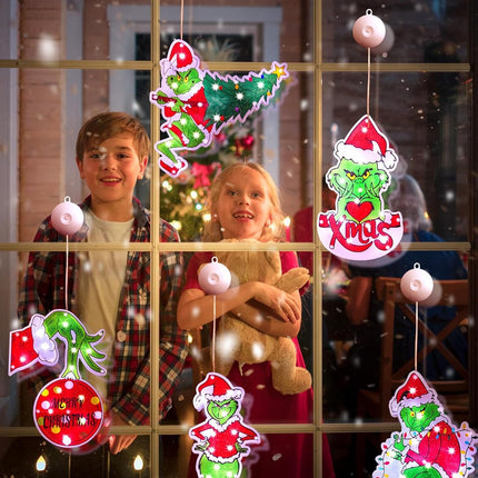 Brightown Christmas Window Lights Decorations, Lighted Christmas Hanging Lights Stole Green Monster Shaped Battery Operated with Suction Cup Hook for Xmas Tree Fireplace Window Indoor Decor