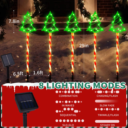 Solar Christmas Lights 5 Pack Solar Outdoor Christmas Tree with 8 Lighting Modes Christmas Pathway Lights Walkway Christmas Lights IP65 Waterproof Christmas Outdoor Decorations for Yard Garden Sideway
