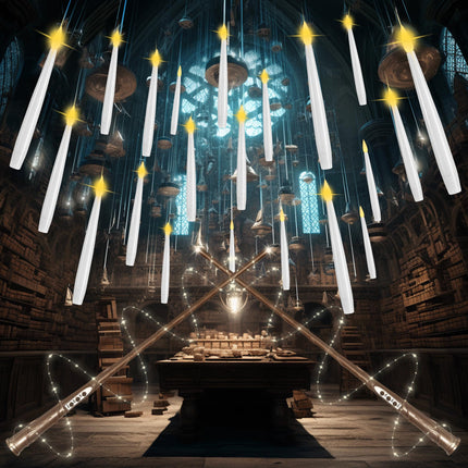 Floating Candles with Wand, 20 Pack Halloween Flameless Candles Battery Operated LED Taper Hanging Candles Electric Candle for Christmas Halloween Birthday Party Decor