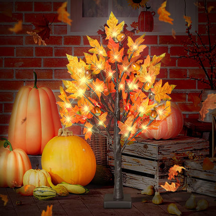 2 Pack 24 Inch Fall Lighted Maple Tree with 36 LEDs, 6 Acorns, Timer Battery Operated, 2Ft Thanksgiving Decorations Table Lights Tree for Autumn Wedding Party Indoor Outdoor Harvest Home