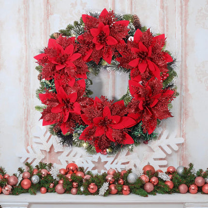 TOYANDONA 12pcs Christmas Glitter Poinsettia Flowers, Artificial Poinsettia Flowers Red Christmas Tree Ornaments with Stems and Clips for Christmas Wreath Wedding Decorations