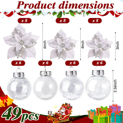 49 Pcs Silver Christmas Tree Decoration Set Christmas Tree Topper Bow 24 Pcs Christmas Glitter Artificial Poinsettia Flowers and 2.36 Inch Xmas Ball Ornaments for Xmas Party Holiday Decor