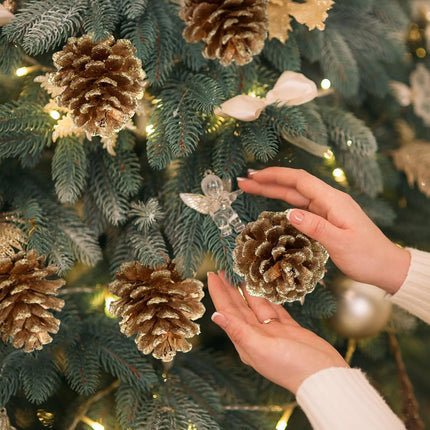 12 Pcs Christmas Pine Cones Picks Gold Glitter 2.4 x 3.15 Inches Pinecone with Wired Pick Artificial Christmas Tree Decorations Ornaments Holiday Centerpiece for Craft Garland Wreath DIY
